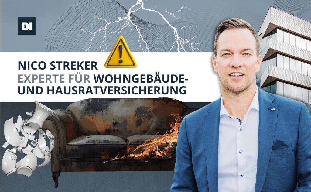 Nico Streker ist der neue Experte für die Wohngebäude und Hausratversicherung bei DAS INVESTMENT Versicherungen. | Bildquelle: Asspick Versicherungsmakler GmbH / erstellt mit Canva von Ann-Christine Tinsz